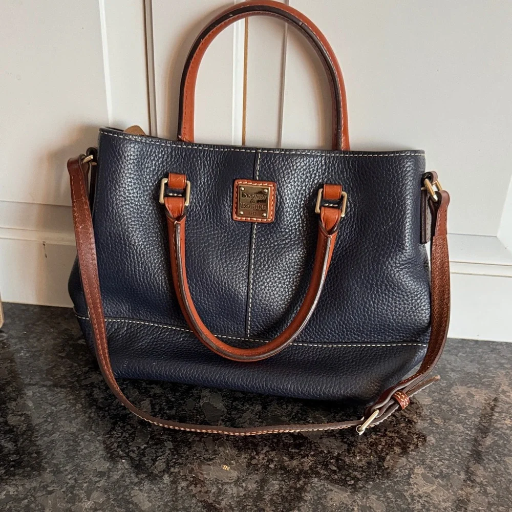 Dooney & Bourke Navy Pebbled Leather Satchel with Brown Trim